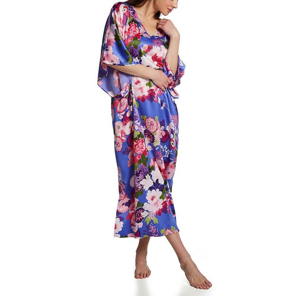 N by Natori Sofia Satin Caftan -  Soft Blue Multi  SC0151